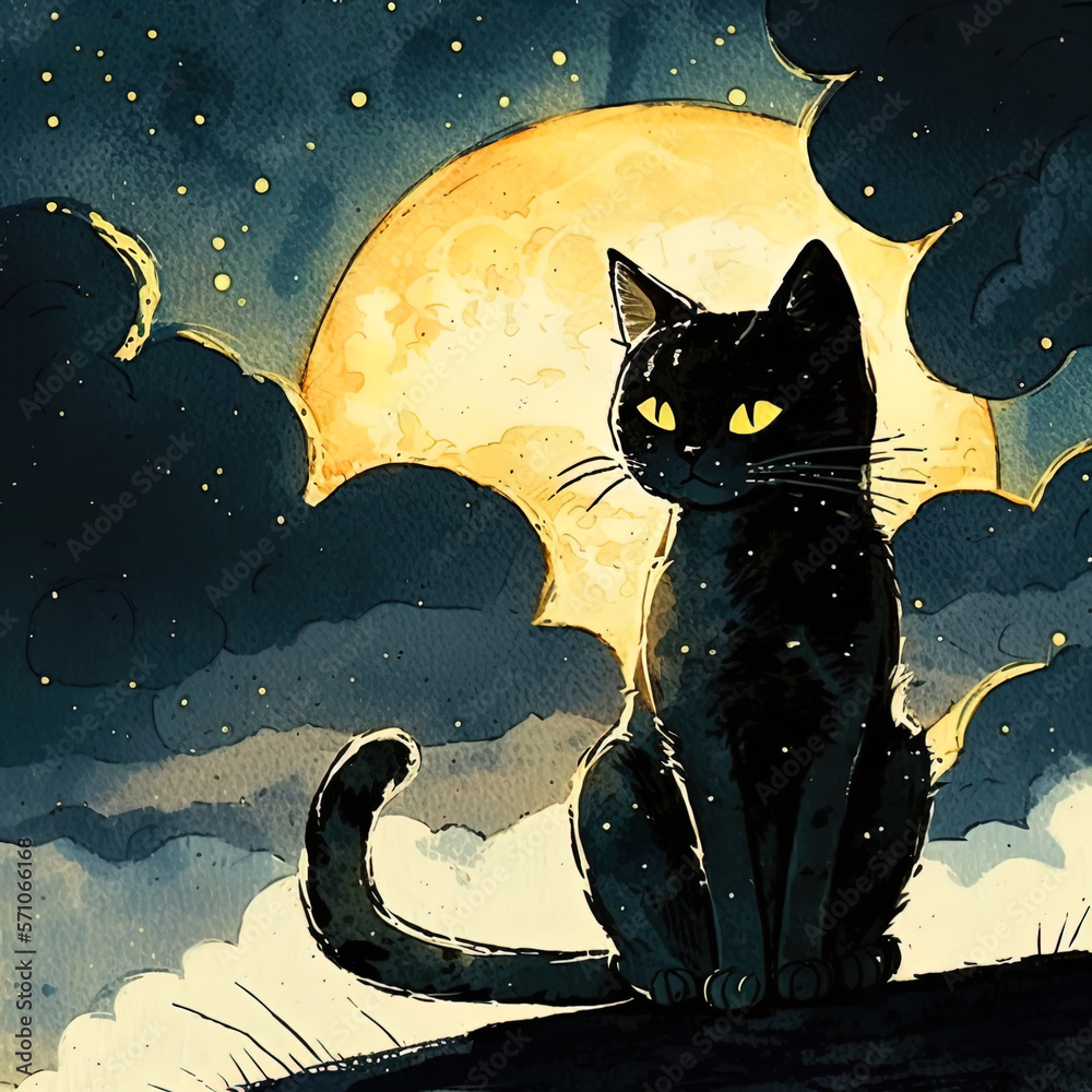 Black Cat Sitting in Front of a Large Moon in the Night Sky with Black ...