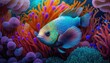 A close up of a colorful tropical fish swimming in a coral reef, surrounded by vibrant coral and sea anemones generative ai