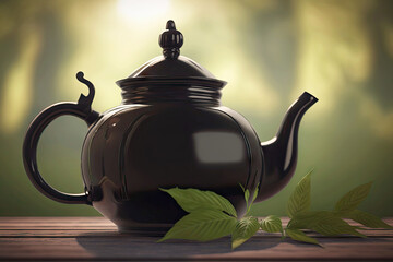 Sticker - classic black teapot with tea leaves on blurred background, generative ai