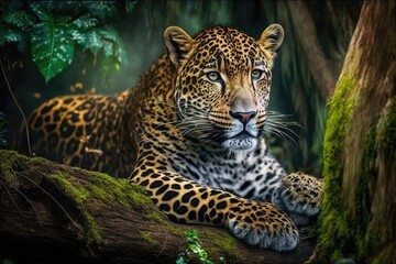 Wall Mural - leopard relax in the rain forest on the timber with moss and looking camera generative ai