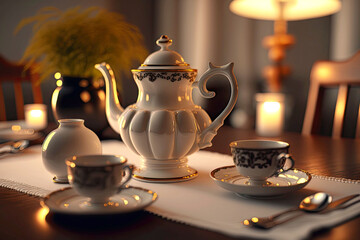 Sticker - porcelain table setting with teapot and cups on blurred background, generative ai