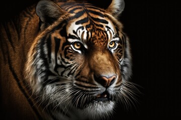 Wall Mural - tiger face on black background generative ai