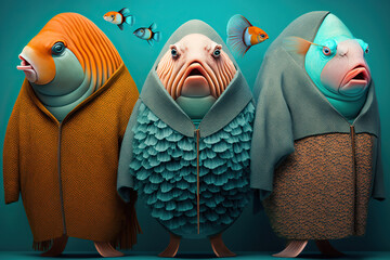 Group studio portrait of body-positive fishes in the fachionable clothes, concept of Body Diversity and Self-Love, created with Generative AI technology