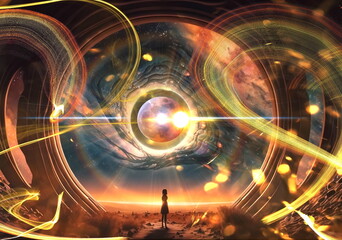 Wall Mural - esoteric world earth and sun light flares on cosmic space and people silhouette starry night sky neb