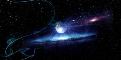 Wall Mural - esoteric world earth and sun light flares on cosmic space and people silhouette starry night sky neb