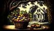 basket of fruit on a table  outside a country farm
engraving style illustration