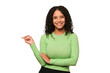 © Asier - Young african american curly woman isolated smiling cheerfully pointing with forefinger away.
