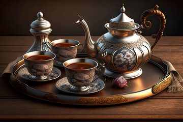 Poster - tea service with teapot set on tray, generative ai