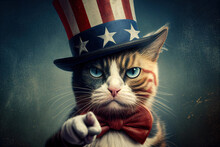 Cat In Usa Flag Hat Pointing You Like Uncle Sam, Concept Of Patriotic And Humor, Created With Generative AI Technology