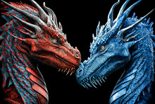 Head Of Dragon, Beautiful Pair Of Bonded Red And Blue Nesting Dragons Close Up Head Image. Chinese Year Of The Dragon 2024. Image Created With Generative Ai