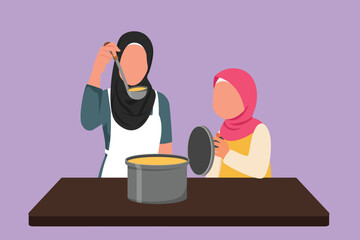 Wall Mural - Graphic flat design drawing Arab little daughter holding pan lid and beautiful mom tasting food or soup using vegetables spoon. Cooking together in kitchen at home. Cartoon style vector illustration