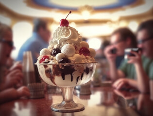 Wall Mural - Colorful vanilla, chocolate and strawberry ice cream sundaes in an ice cream parlor