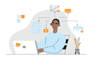 Poster - Multitasking man concept. Young guy sitting at laptop and working on project. Hardworking employee or entrepreneur at workplace. To do list and goal setting. Cartoon flat vector illustration