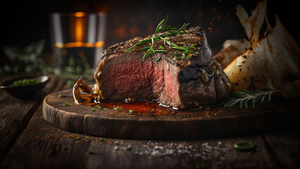 grilled meat, steak, close up photography, tasty, restaurant