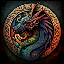 Celtic Art Of East Totem And West Style In Psychedelic. Fit For Apparel, Book Cover, Poster, Print. Dragon Illustration
