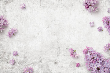 romantic floral composition with loosely arranged lilac flowers on a rustic white wooden background,