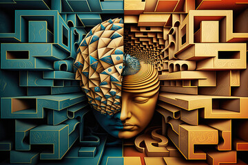 Mind Games - A surrealistic image that depicts the complexity of the human mind through the use of abstract shapes, optical illusions and visual puzzles, generative ai