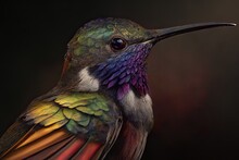 Close-up Of A Beautiful Colorful Hummingbird Sitting On A Branch With Flowers. Rainbow Plumage Feathers.