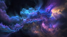 Abstract Astral Nebula Glowing Clouds In Space. Stormy Dark Smoke Background Wallpaper.