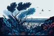 Abstract blue coastal nature landscape illustration, coastal decor, advertising vector