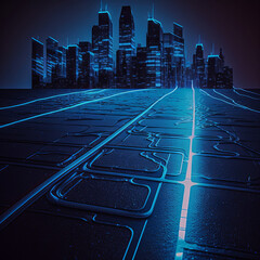 Poster - Smart city and technology connection concept. City with blue glowing lines. Generative ai