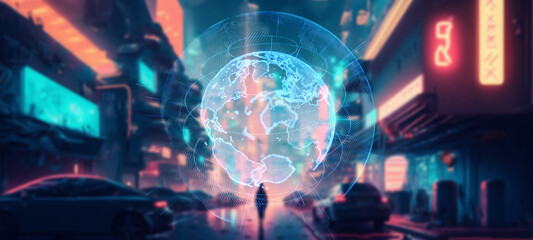 Fototapete - Futuristic city and global communication network concept. Wide angle visual for banners or advertisements.