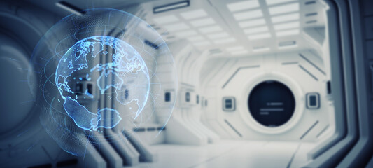 Poster - Space station and global network concept. Wide angle visual for banners or advertisements.