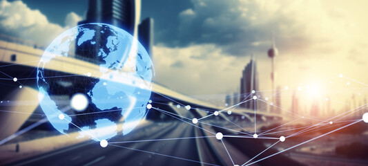 Poster - Futuristic city and global communication network concept. Wide angle visual for banners or advertisements.
