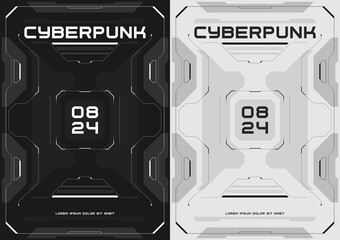 Cyberpunk futuristic poster set. Tech cyberpunk design for web and print template. Technology style flyer. Future technology, black and white cyber design, inversion. Vector