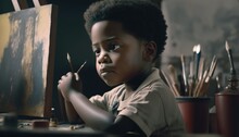 Empowering Children In The Workplace: Celebrating Diversity, Equity, And Inclusion (DEI) In The Industry With African American Boy As A Painter (black) (generative AI)