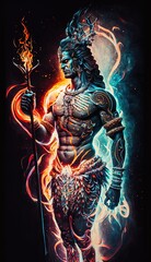 Wall Mural - Generative AI Hindu god Shiva, Colorful indian hindu God Shiva hand holding Trident. God Shiva epic pose with trishula, magic in hand for t-shirt print, poster - Hindu religious art.