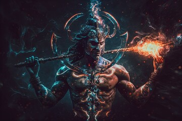 Wall Mural - Generative AI Hindu god Shiva, Colorful indian hindu God Shiva hand holding Trident. God Shiva epic pose with trishula, magic in hand for t-shirt print, poster - Hindu religious art.