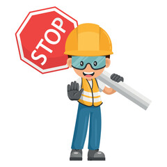 Industrial worker carrying stop sign. Construction worker with his personal protective equipment. Industrial safety and occupational health at work