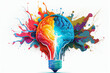 © Wahidah - Creative mind illustration, a lightbulb with a creative brain inside exploding colorful color to outside the bulp lamp. Generative Ai about connection between creativity and imagination