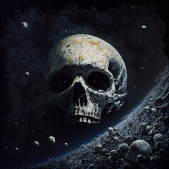 Wall Mural -  Skull, asteroid field floating in space with Generative AI