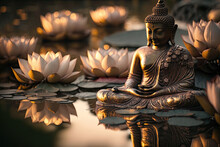 Full Buddha Statue On The Water With Lotuses, Generative AI