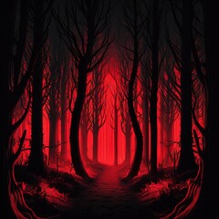 Sticker - evil forest, red lighting, dark with Generative AI