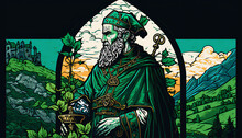 Stained Glass Window Of St Patricks Day Leprechaun Fortune Cartoon Background Generative Ai Illustration