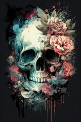 Wall Mural - watercolor skull flower with Generative AI