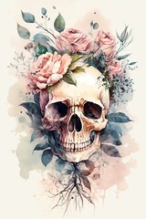 Wall Mural - watercolor skull flower with Generative AI