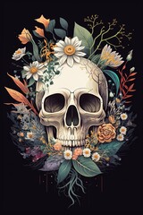 Wall Mural - watercolor skull flower with Generative AI