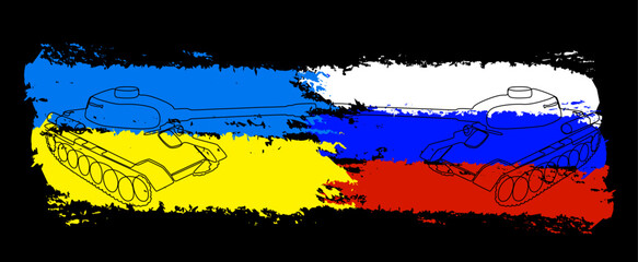 Poster - One continuous line of tank or armored vehicle with flags color in the background. Thin Line Illustration vector concept. Contour Drawing Creative ideas.