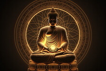 3d Golden Statue Of Buddha Meditating In Padmasana With Glowing Light Line In Hands Against Ornamental Circle With Flying, Generative AI.