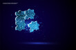 Teamwork concept with four glowing low poly jigsaw puzzle pieces on dark blue background. Futuristic wireframe design
