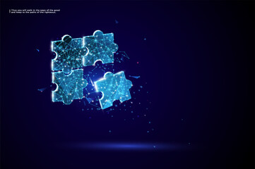 Poster - Teamwork concept with four glowing low poly jigsaw puzzle pieces on dark blue background. Futuristic wireframe design
