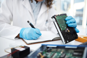 Poster - Hands, technician and motherboard from computer, laptop or pc in cyber crime investigation, analysis and IT solution. Information technology engineer, book and lab for programming, writing and notes