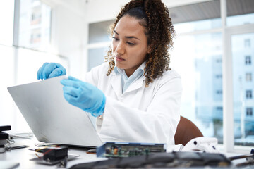 Poster - Black woman, computer motherboard or system for technician in cyber crime investigation at laboratory. Information technology engineer, laptop or lab for programmer with data analysis for IT solution
