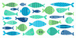 Hand drawn abstract fish with colorful pattern flat icons set. Ornaments on marine creature