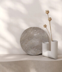 Blank beige cement texture curve counter podium in dappled sunlight, leaf shadow on white wall, flat round rock, opium poppy in vase for luxury organic cosmetic, skincare, beauty product background 3D