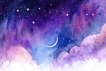 Wall Mural - sky with stars and moon, watercolor with generative ai